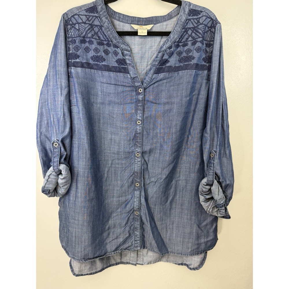 Bob Timberlake Ladies Embroidered Denim Blouse W Split Hem‎ In Back Size XL